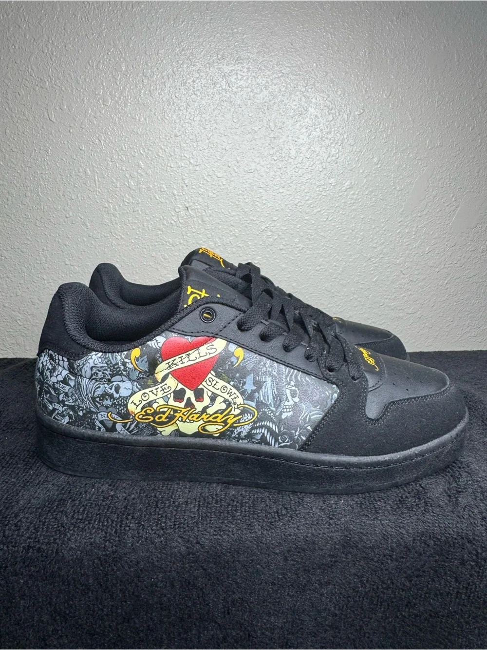 Ed Hardy Men's Black Fashion Sneakers with Tattoo Graphics size 9.5